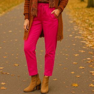 NWT ITALIAN Cotton Cropped Ankle Pants Bold Boho Pink Crocheted Embroidered Trim